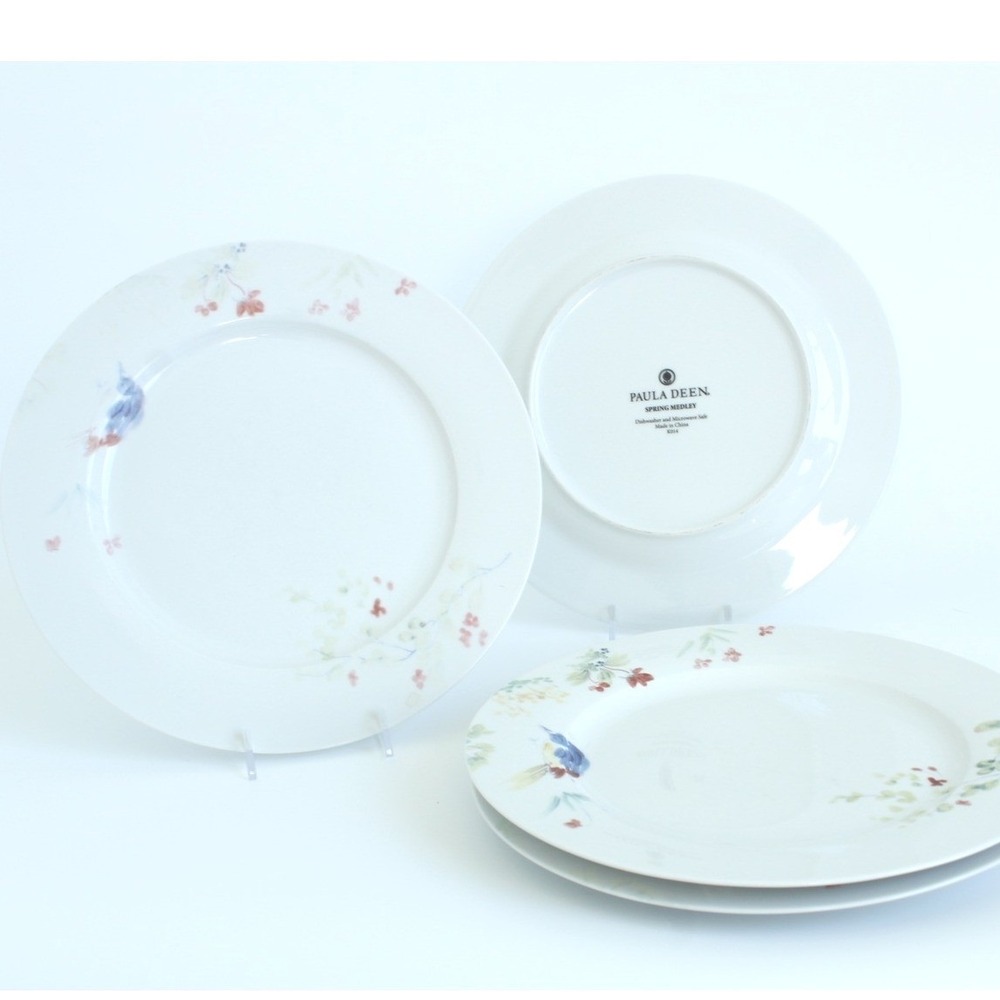 Paula Deen‎ Spring Medley Salad Plates Stoneware Bird Floral White Set of 4, 11"
